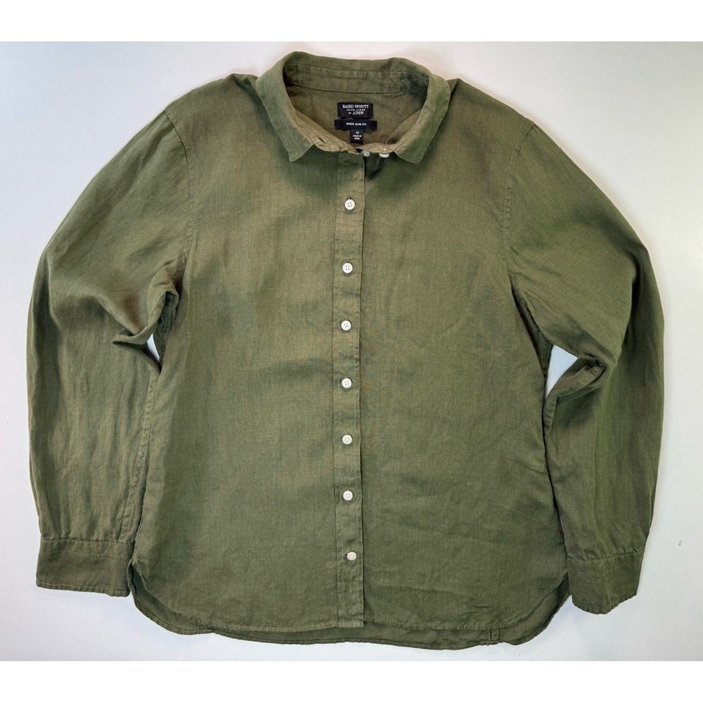 J Crew Baird McNutt Irish Linen Wren Slim Fit Shirt Womens 10 Olive Green BY685